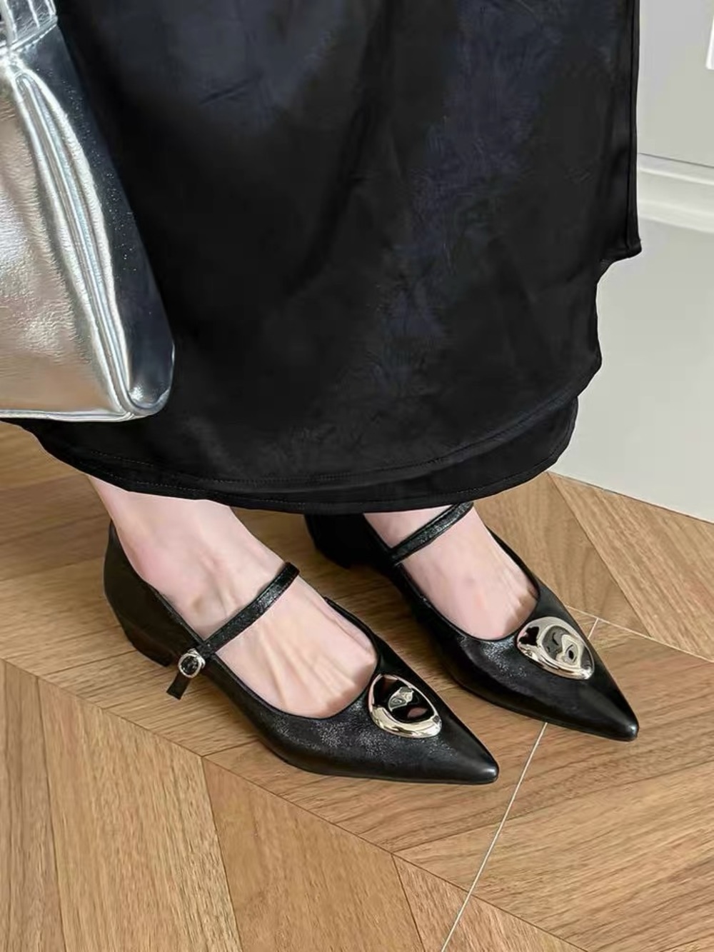 Black Pointed Mary Jane Flats with Silver Accent